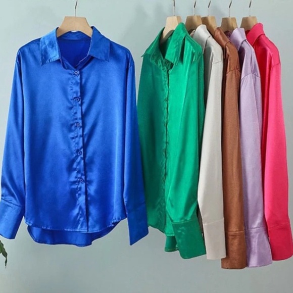Beautiful Satin Silk Feel Shirt Solid Color Long-Sleeve Button Down - Picture 2 of 2